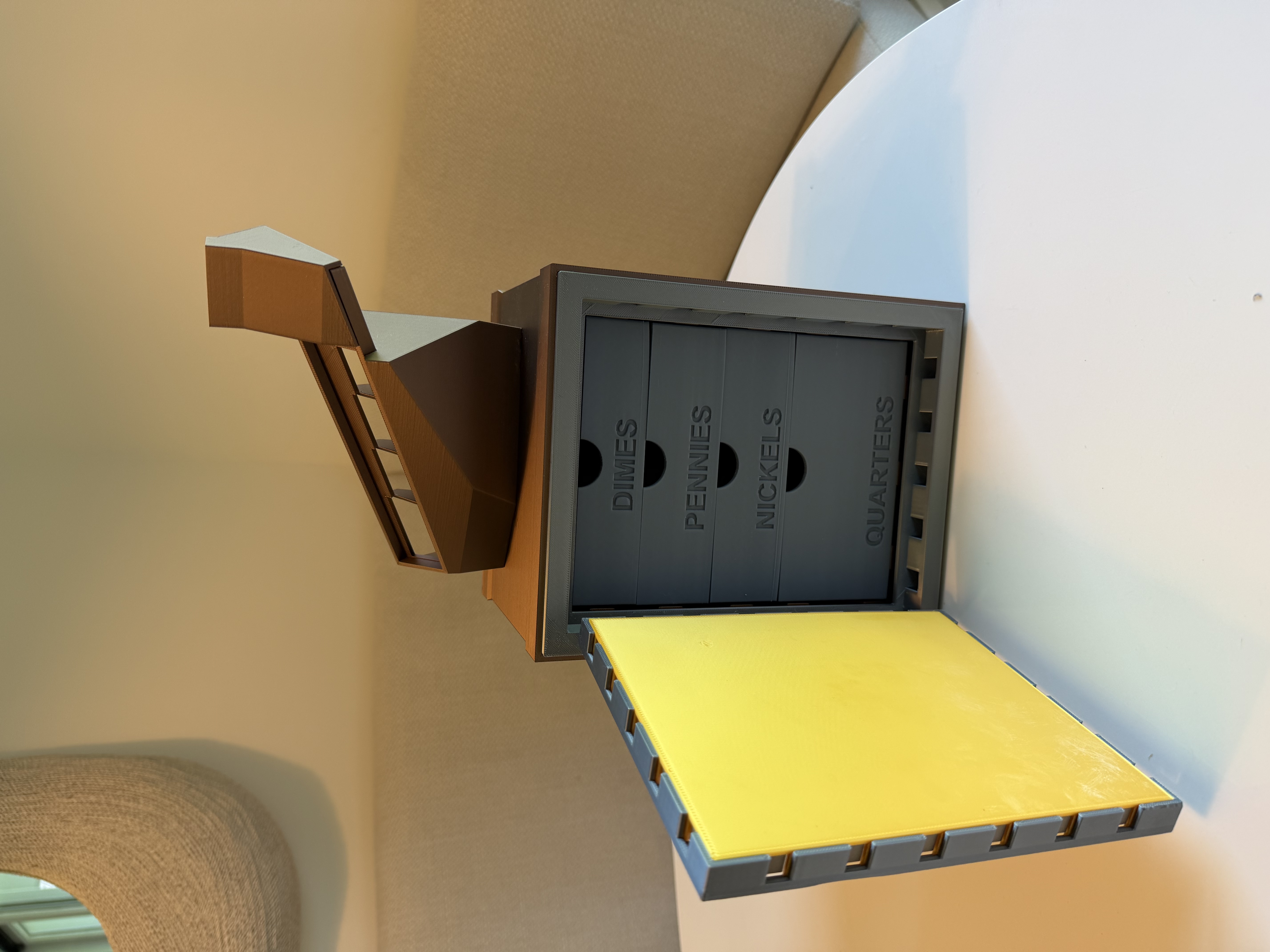 3D printed coin sorting vault open showing drawers