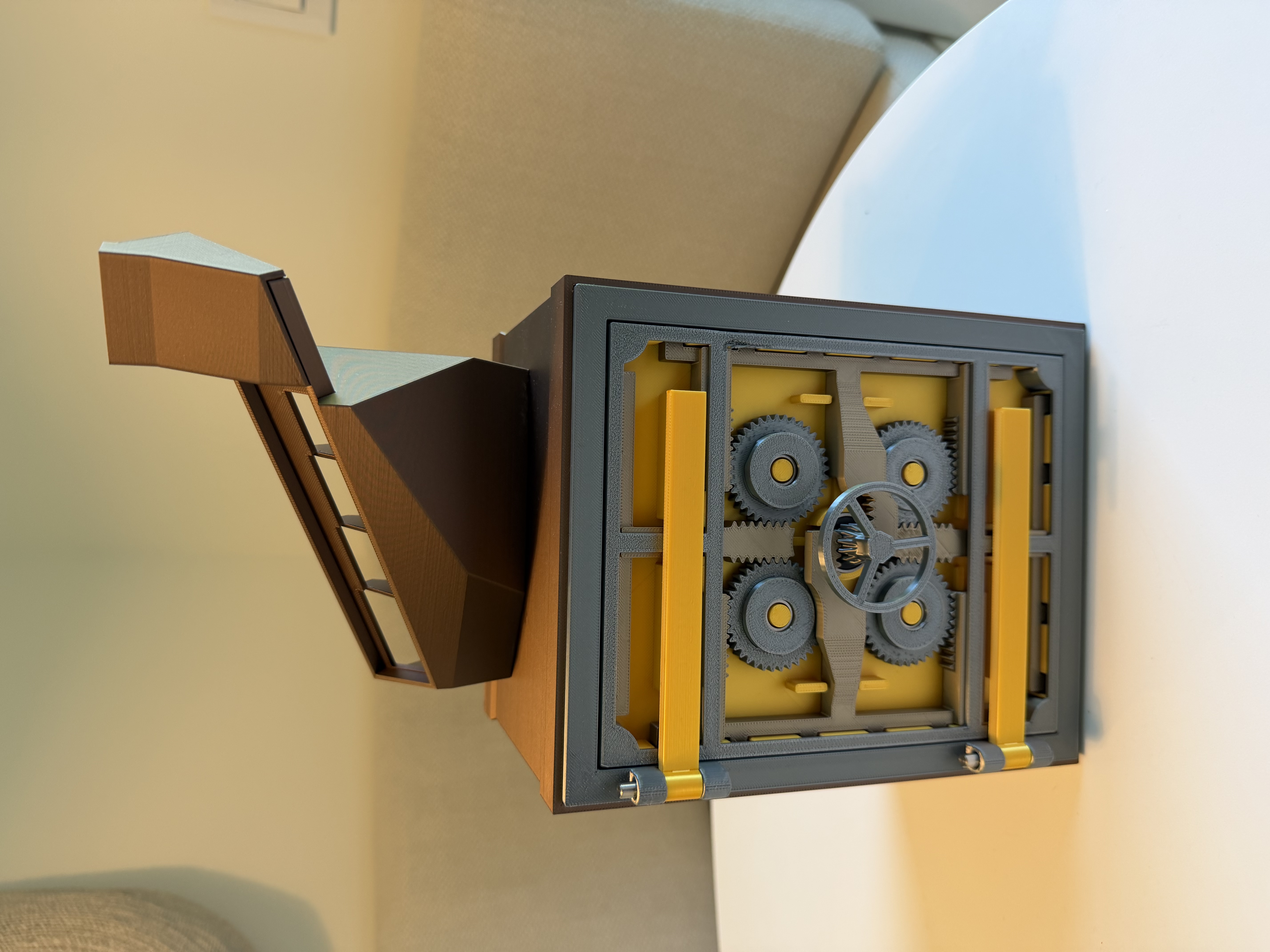 3D printed coin sorting vault with visible gears