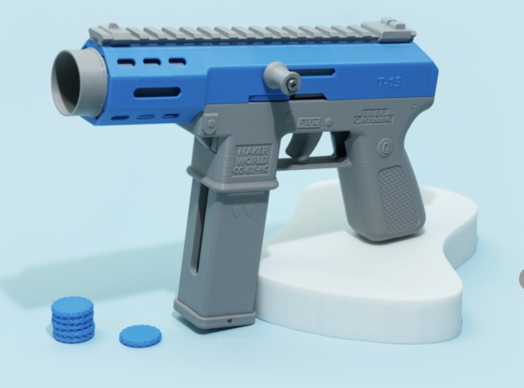 3D printed T-15 water gun in blue and grey